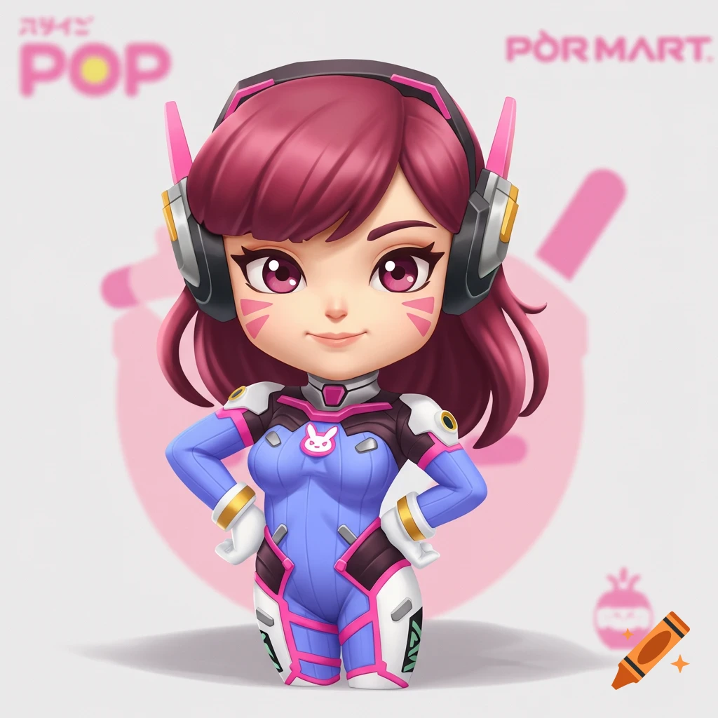 Chibi D.Va figurine standing with hands on hips against a light background with text.
