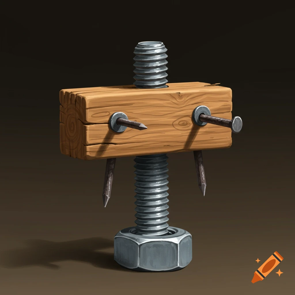 A small figure made from a wooden block, nails, a bolt, and a nut.