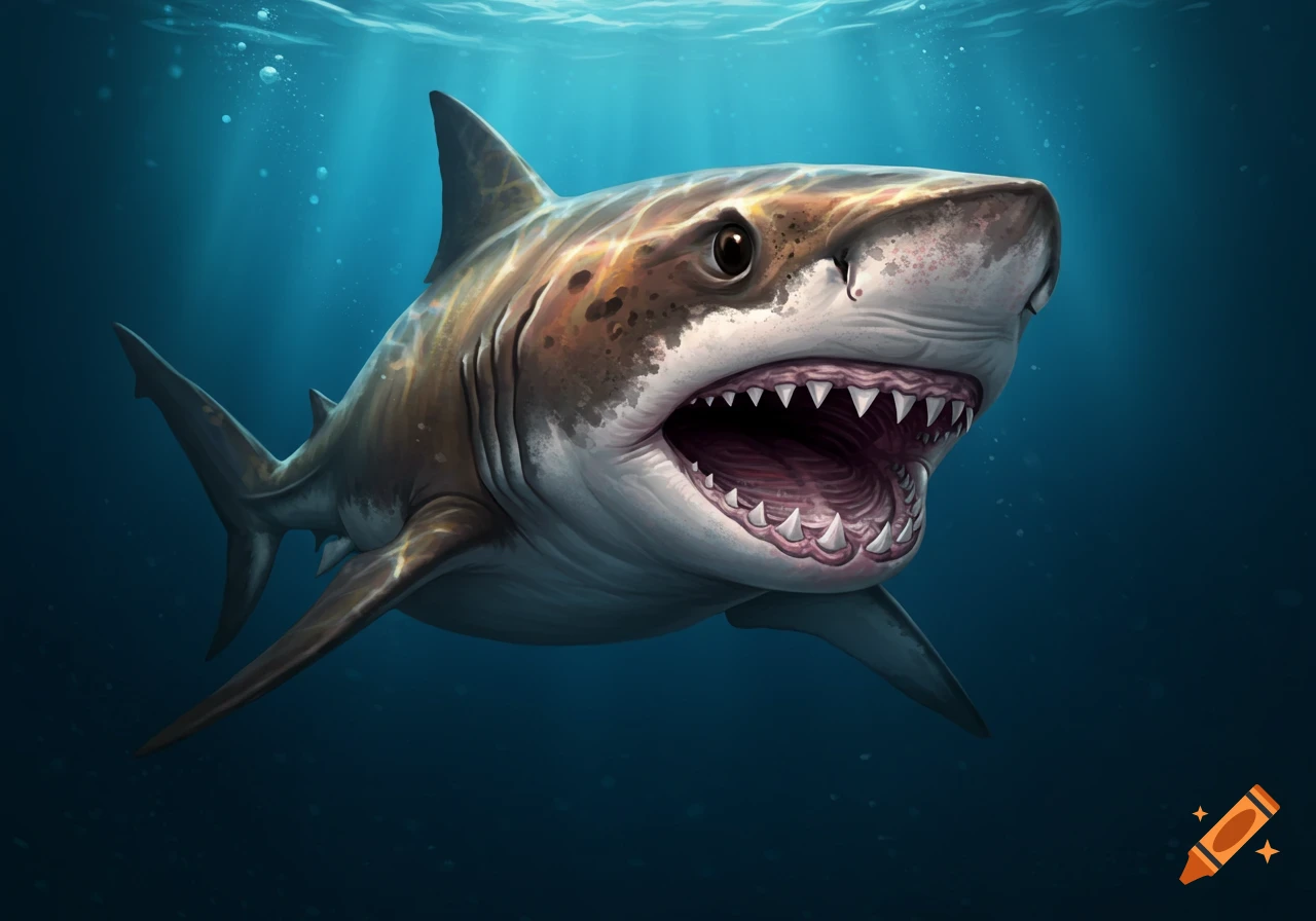 A stylized great white shark swims underwater with its mouth open, showing sharp teeth.