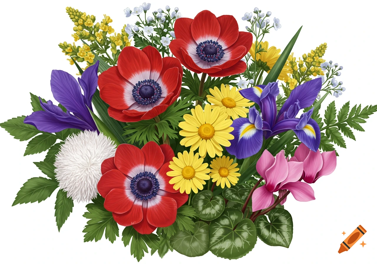 Illustration of a vibrant bouquet with red anemones, purple irises, yellow daisies, pink cyclamen, and baby's breath.