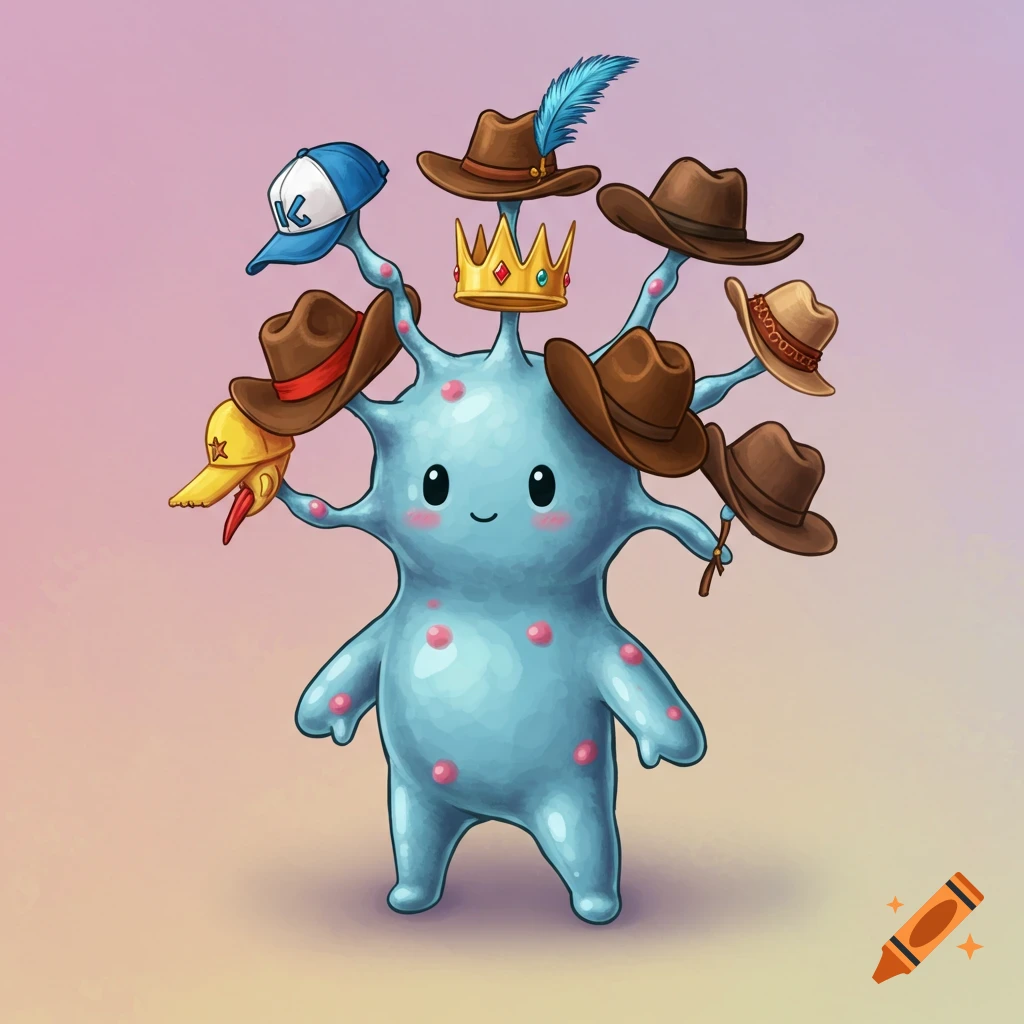 A cute, blue, multi-limbed creature wearing many different hats, including cowboy hats, a crown, and a baseball cap.