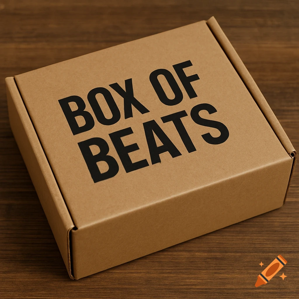 A cardboard box with 'BOX OF BEATS' printed in black text on the lid.
