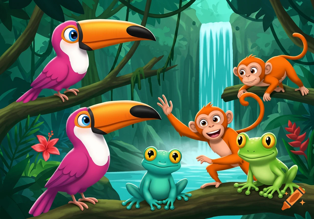 Cartoon toucans, monkeys, and frogs on a branch in a rainforest with a waterfall.