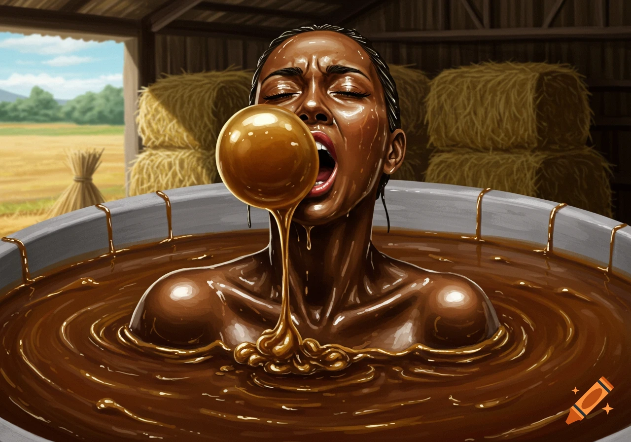 Woman partially submerged in thick brown liquid in a barn, eyes shut, mouth open with large bubble.