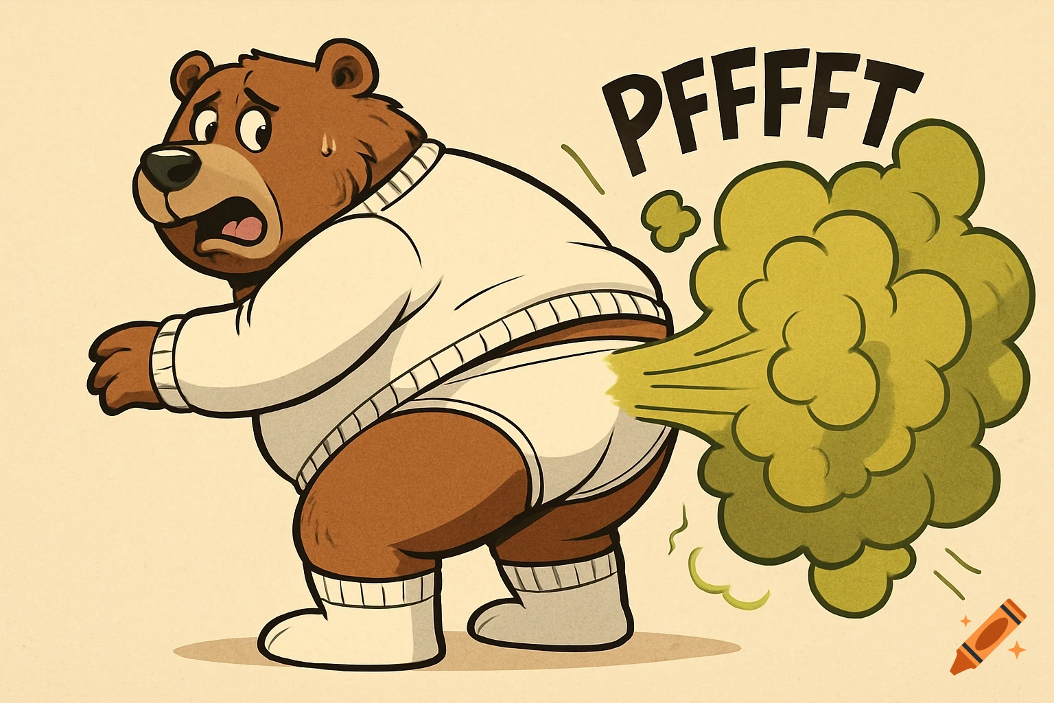Cartoon grizzly bear in a sweater and briefs farting green fumes with the text PFFFFT