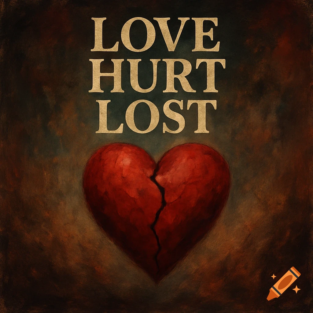 A cracked red heart sits below the text 'LOVE HURT LOST' on a dark, grunge background.