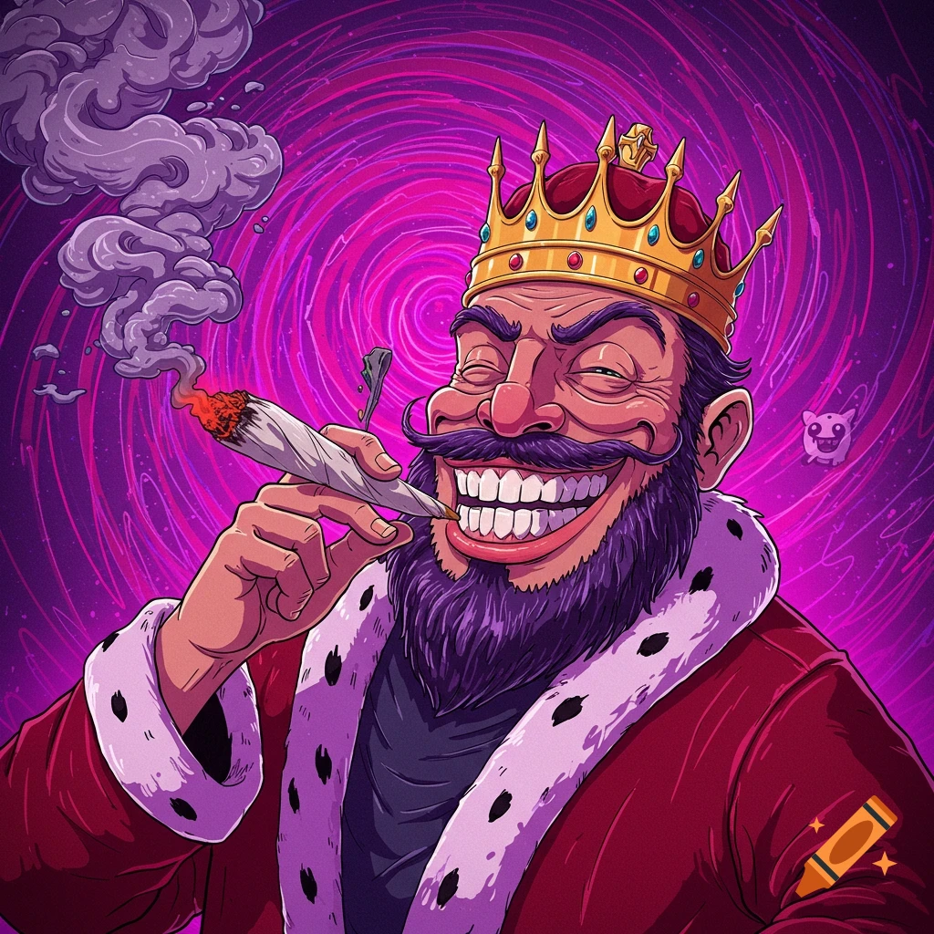 Cartoon illustration of a smiling bearded king with a crown and cape smoking a large joint against a swirling purple background.
