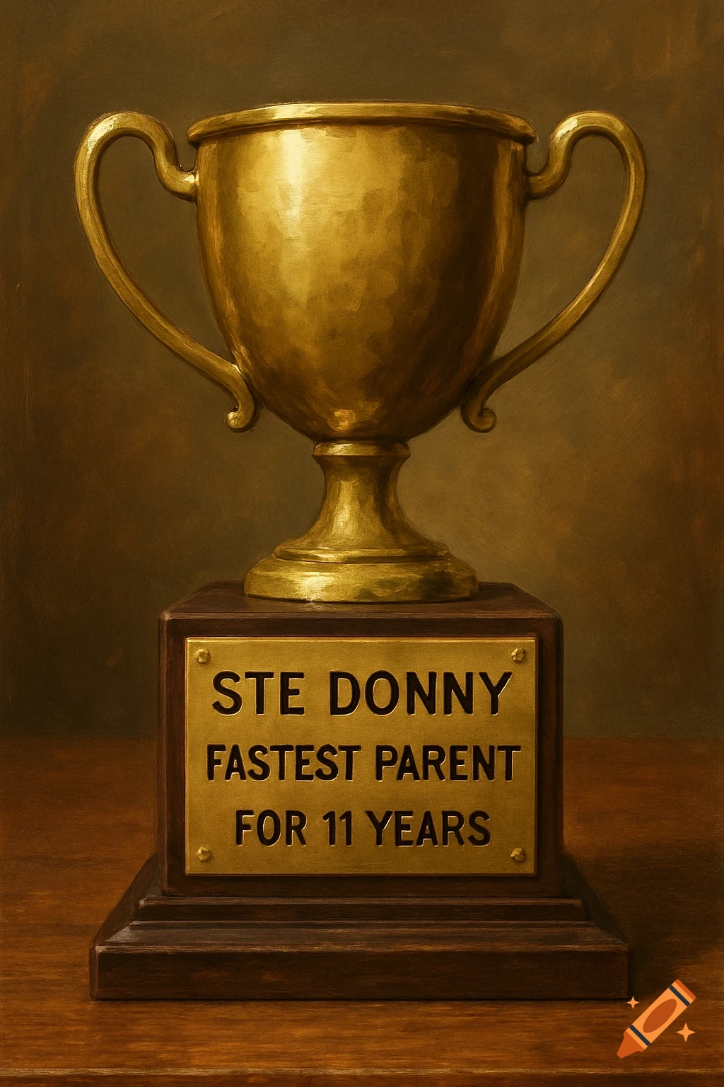 A golden trophy on a wooden base with a plaque that reads 'Ste Donny Fastest Parent for 11 Years'.