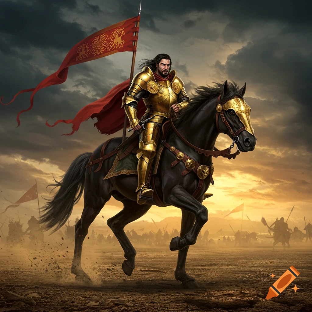 A knight in golden armor rides a black horse across a battlefield, holding a banner. Dramatic sky and hazy background.