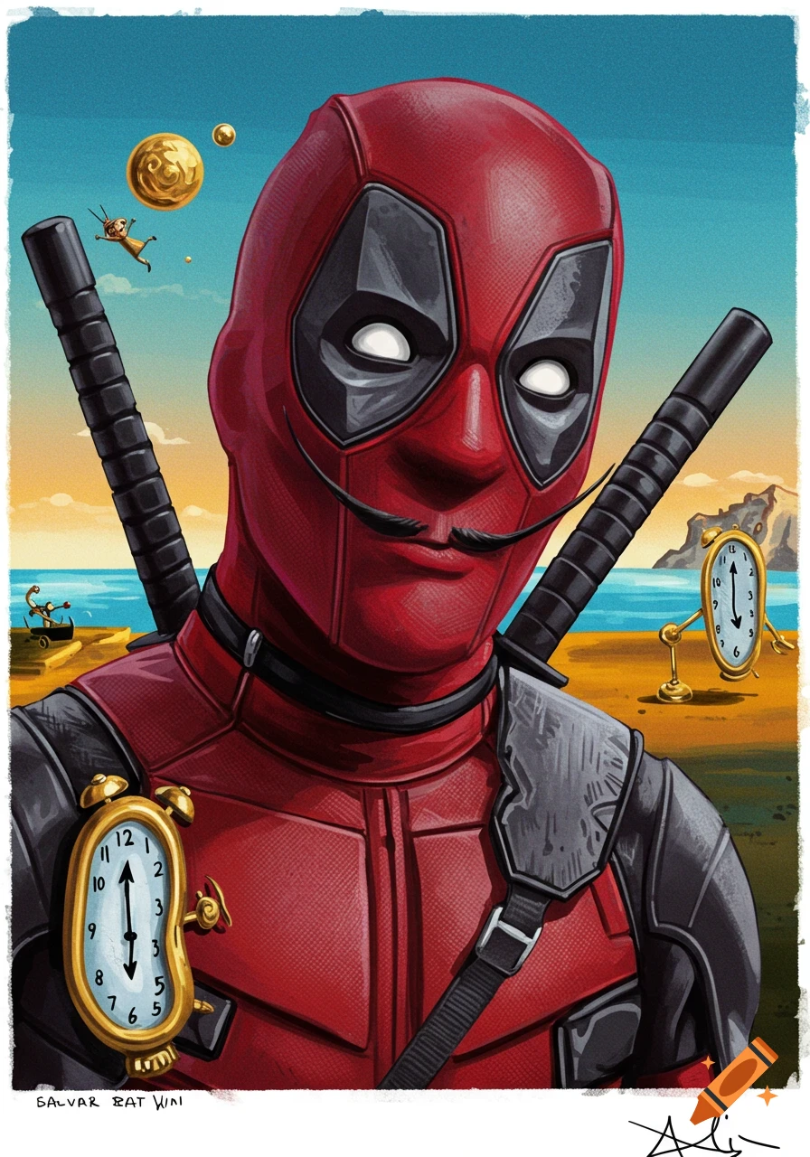 Dali-esque illustration of Deadpool with a thin mustache, melting clocks, and a surreal desert landscape.