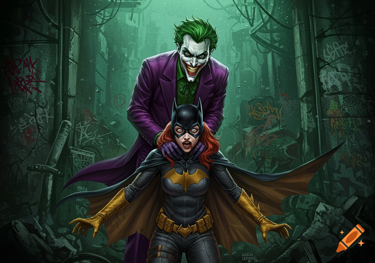 The Joker stands behind Batgirl, gripping her neck in a dark, graffiti-filled alley in a comic art style.