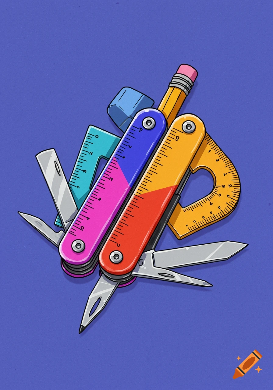 Cartoon illustration of a multitool made from school supplies like rulers, a protractor, pencil, and eraser, on a blue background.