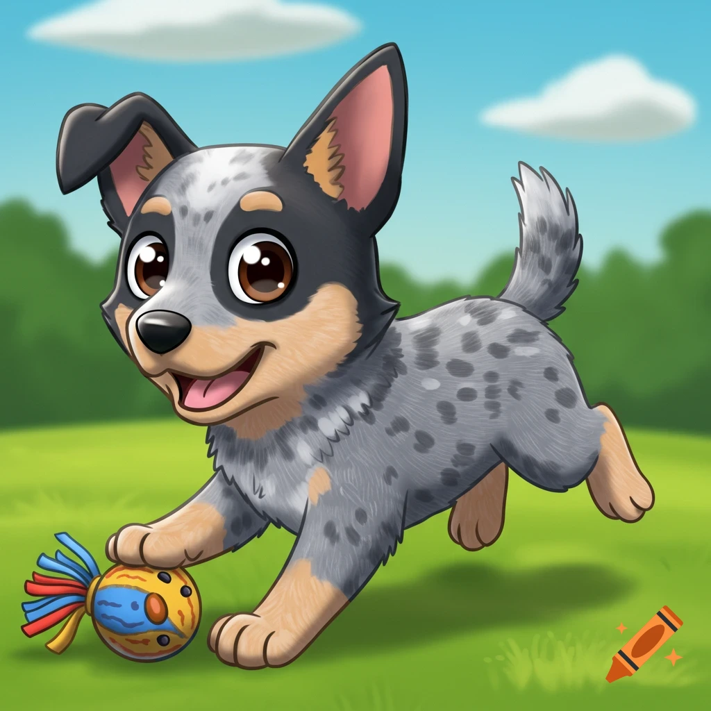 Cartoon Australian cattle puppy playing with a toy ball in a field.