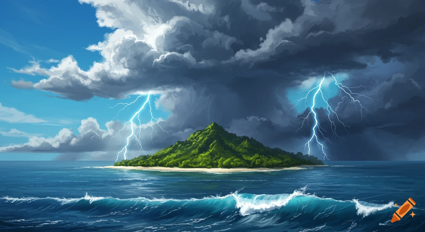 Digital painting of a lush green island in the ocean during a thunderstorm with lightning striking the water.
