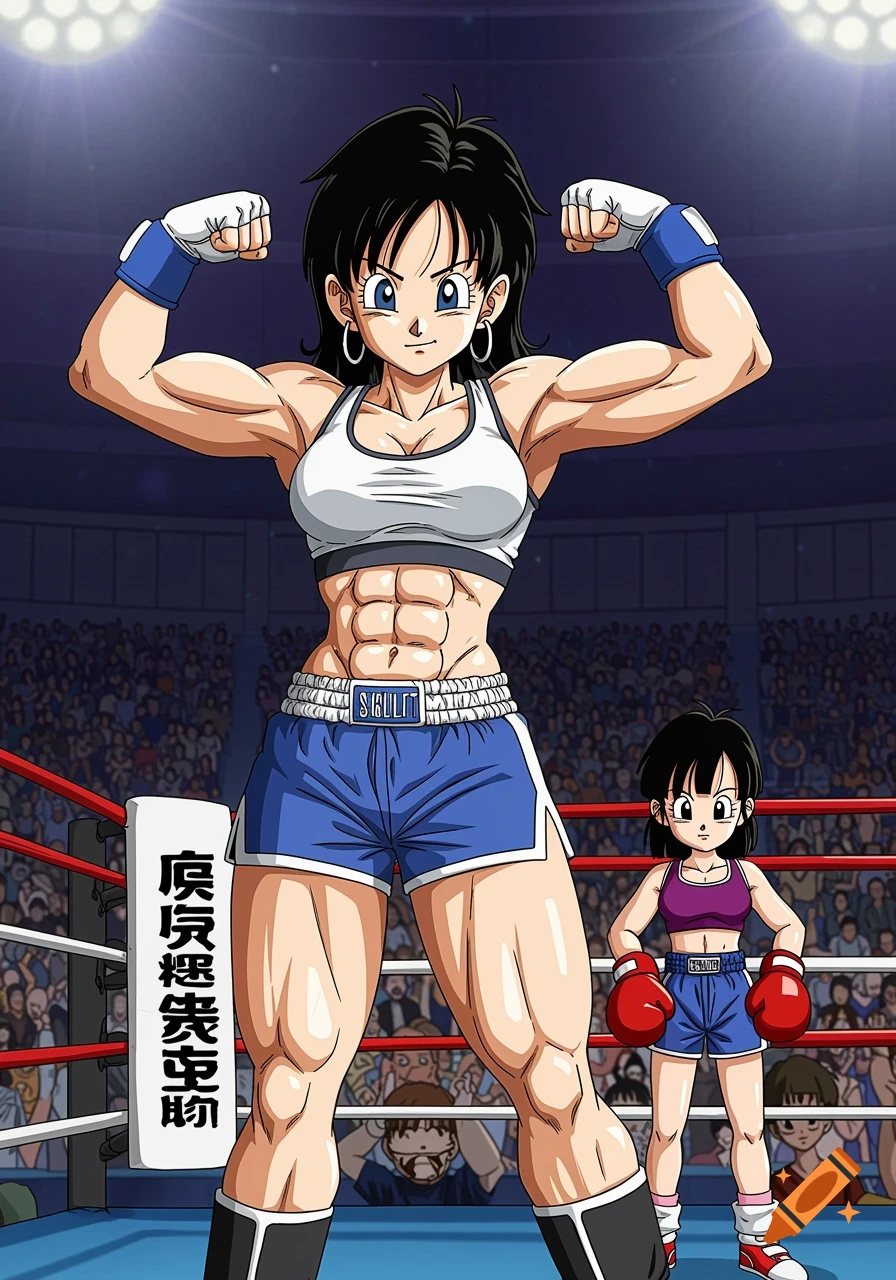Anime style drawing of a muscular Videl flexing in a boxing ring next to a smaller Pan wearing boxing gloves.