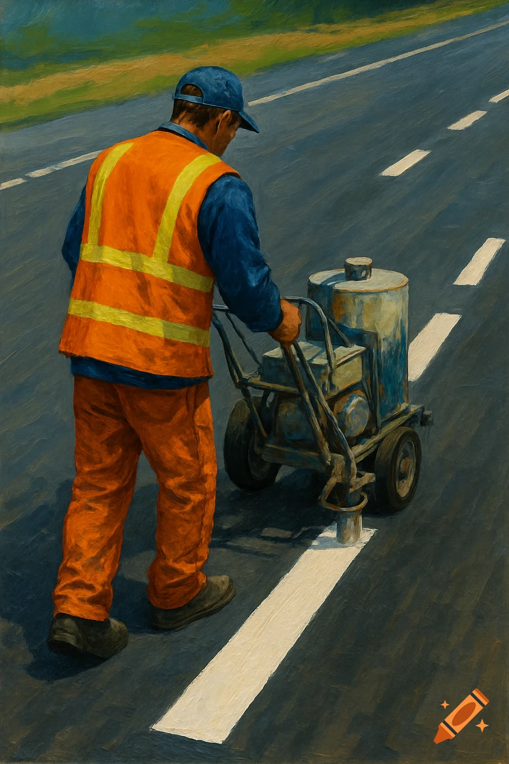 A road worker painting white lines on a road with a machine in a painterly style.