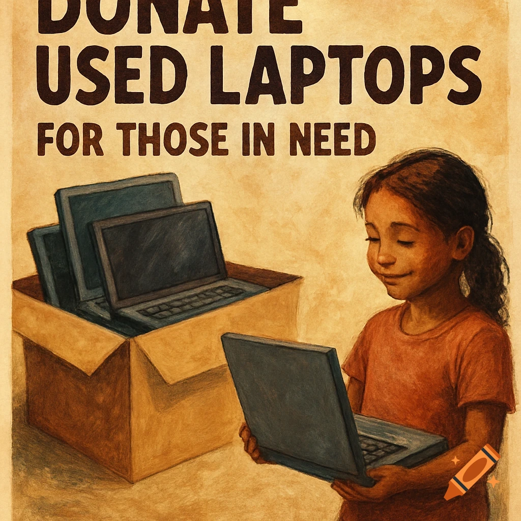Illustration of a child with laptops and text about donating used laptops for those in need.
