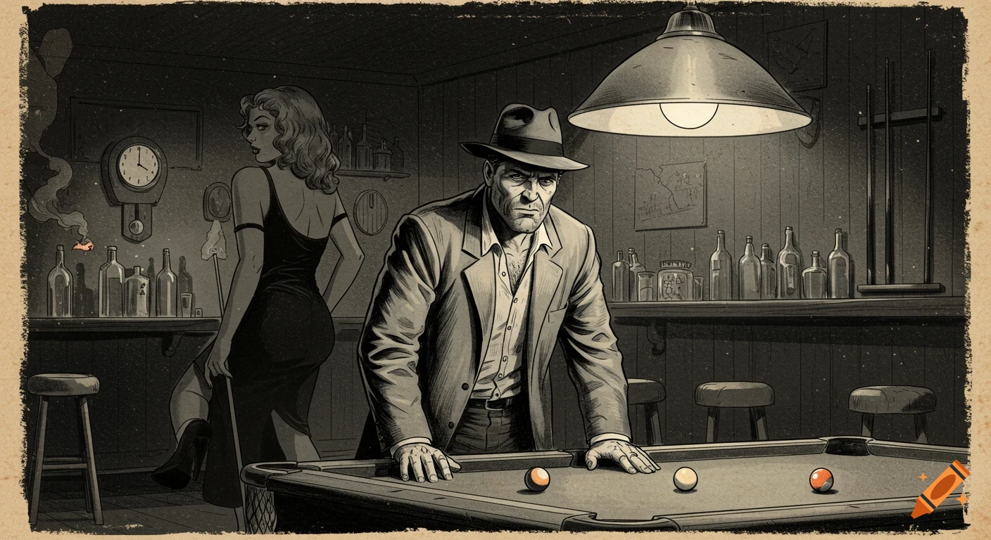 Black and white noir illustration of a man leaning over a pool table in a bar, with a woman standing behind him.