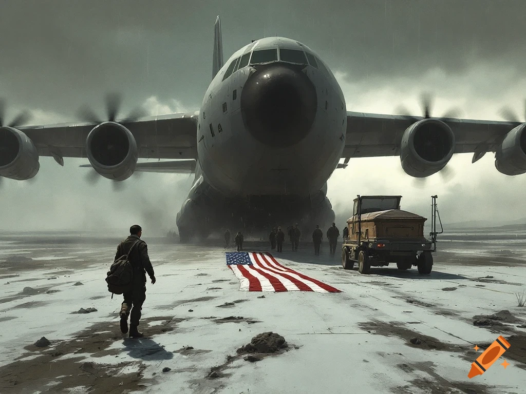 Soldier approaches large military plane on snowy airfield with flag-draped coffin