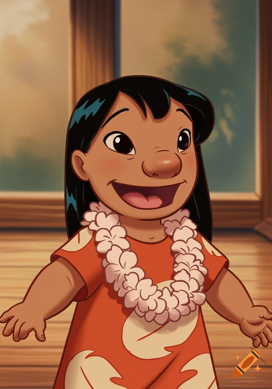 Cartoon character Lilo in an orange dress and lei smiling