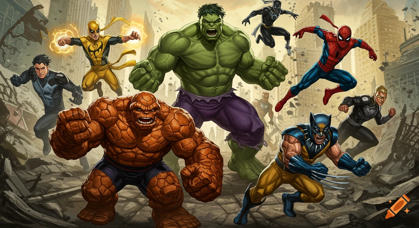 Several Marvel superheroes, including The Thing, Hulk, Spider-Man, Wolverine, Iron Fist, and others, pose dynamically in a destroyed city. Comic art style.
