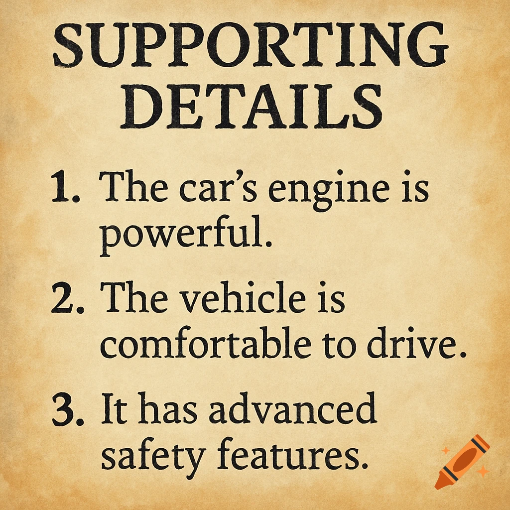 Text on a textured background listing three supporting details.