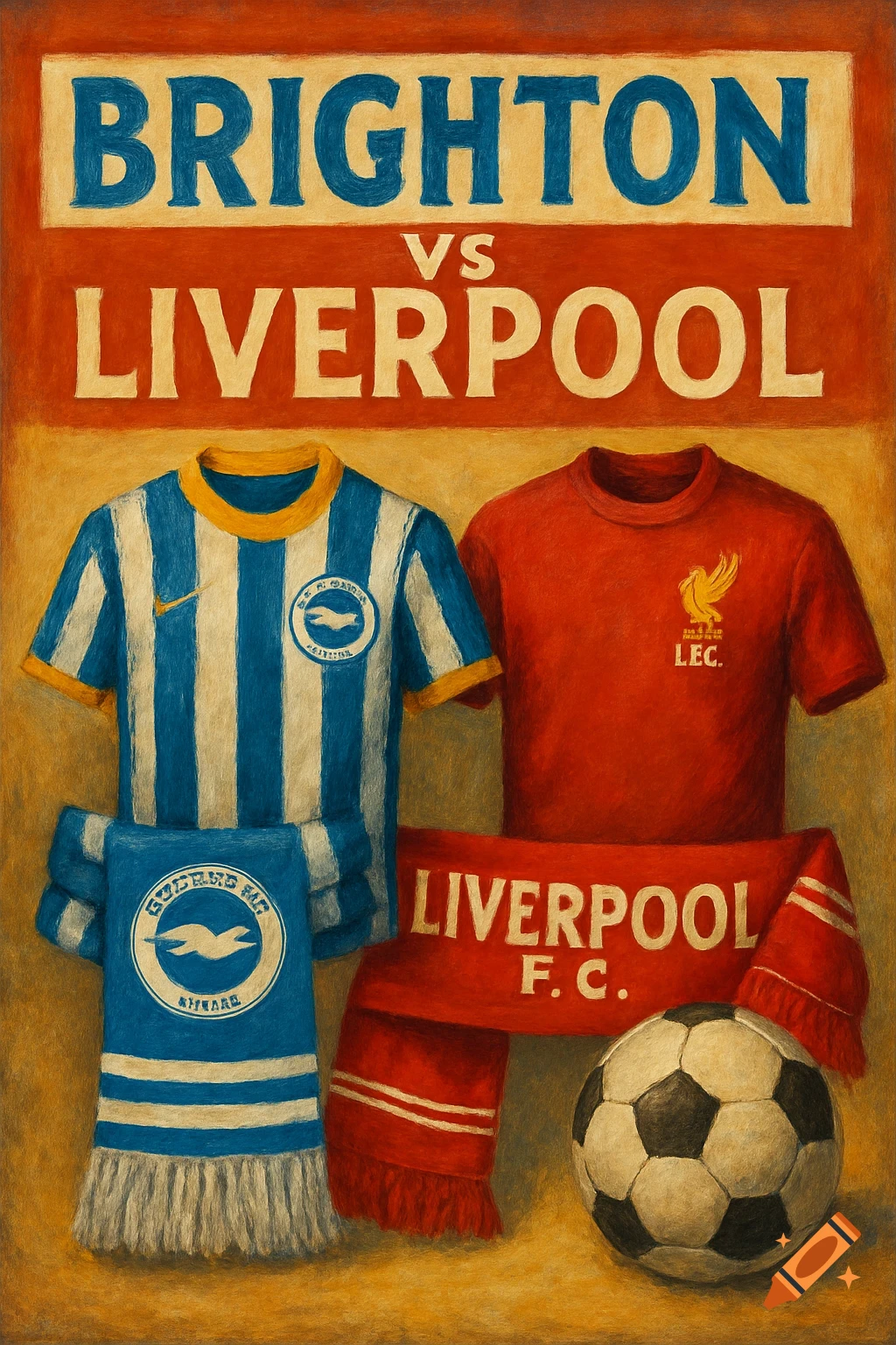 A stylized illustration of Brighton and Liverpool soccer jerseys, scarves, and a ball.