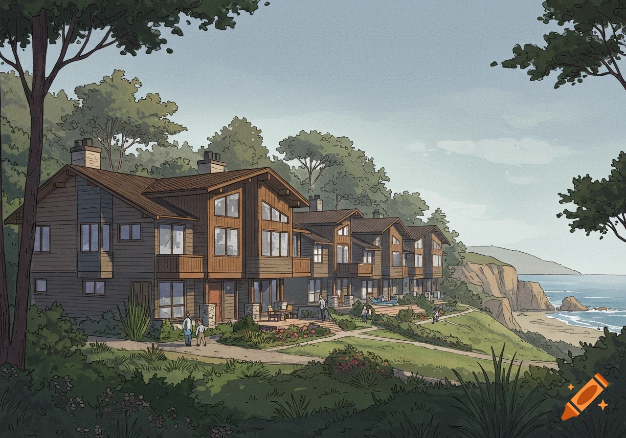 Drawing of modern townhomes overlooking a grassy slope and coastline