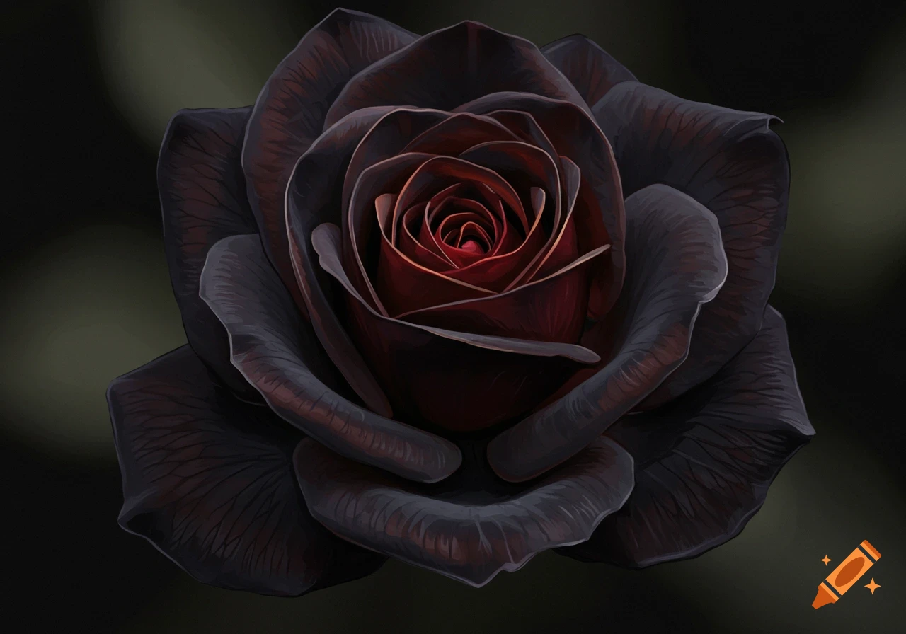 Close-up of a dark black rose with a deep red center, digital painting.