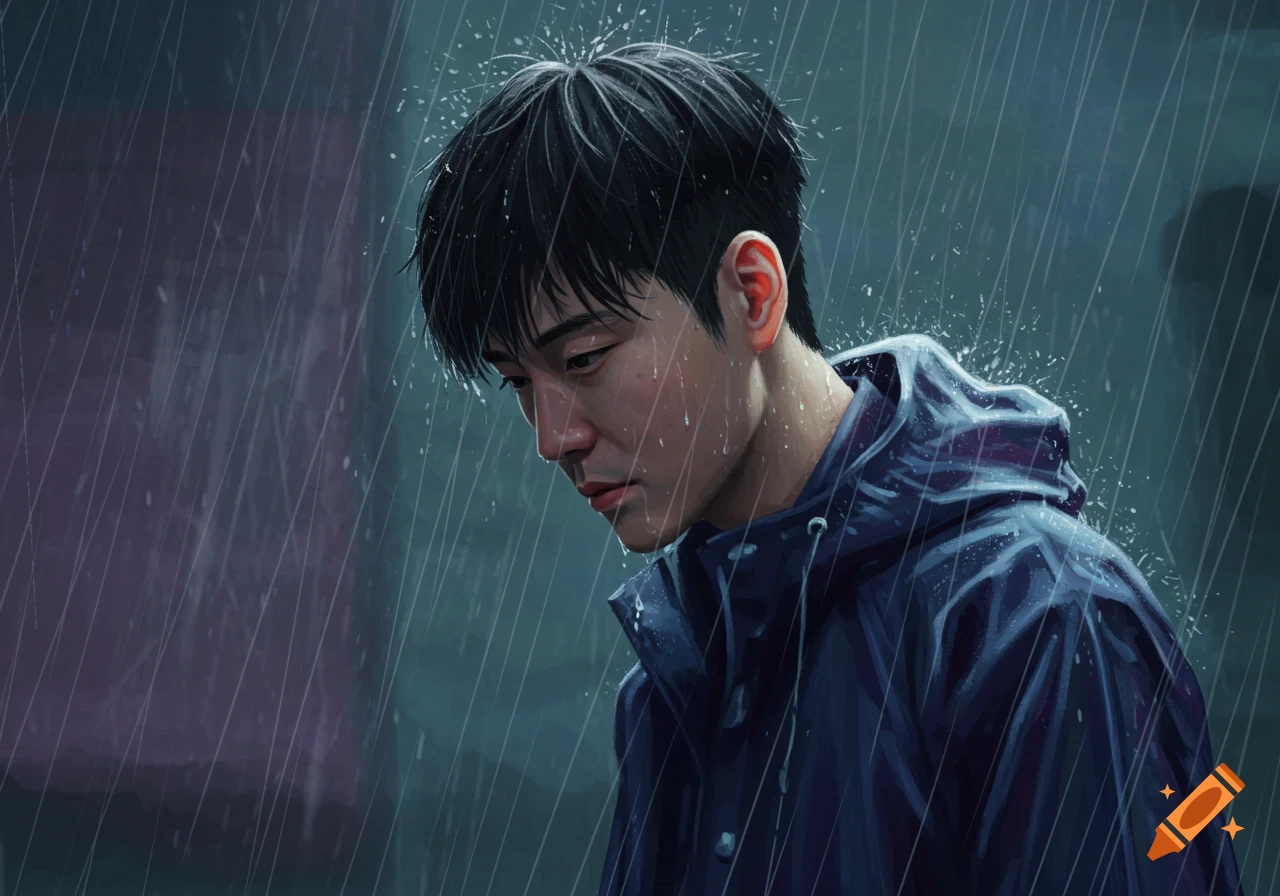 Digital painting of a man in a hooded jacket standing in the rain, looking down.