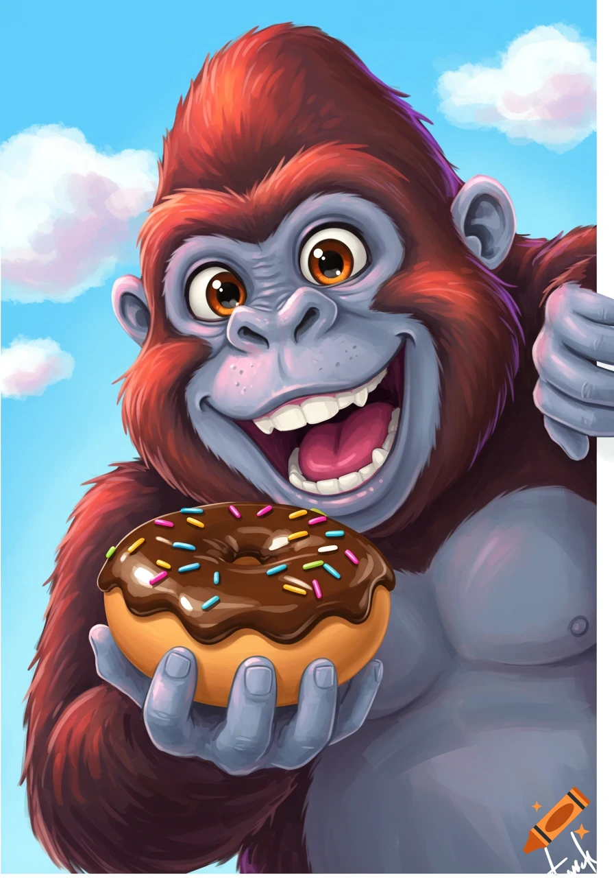 Happy cartoon gorilla holding a donut