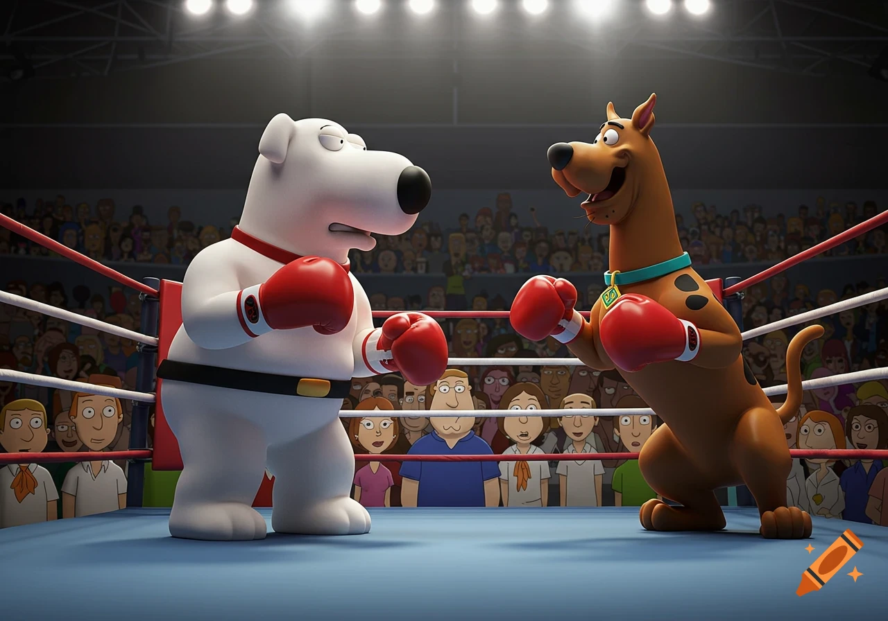 3D cartoon style image of Brian from Family Guy boxing Scooby Doo in a ring with a crowd watching.