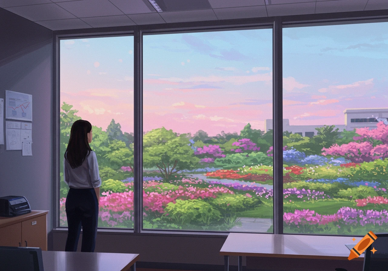 Woman looks out office window at colorful garden, anime style.