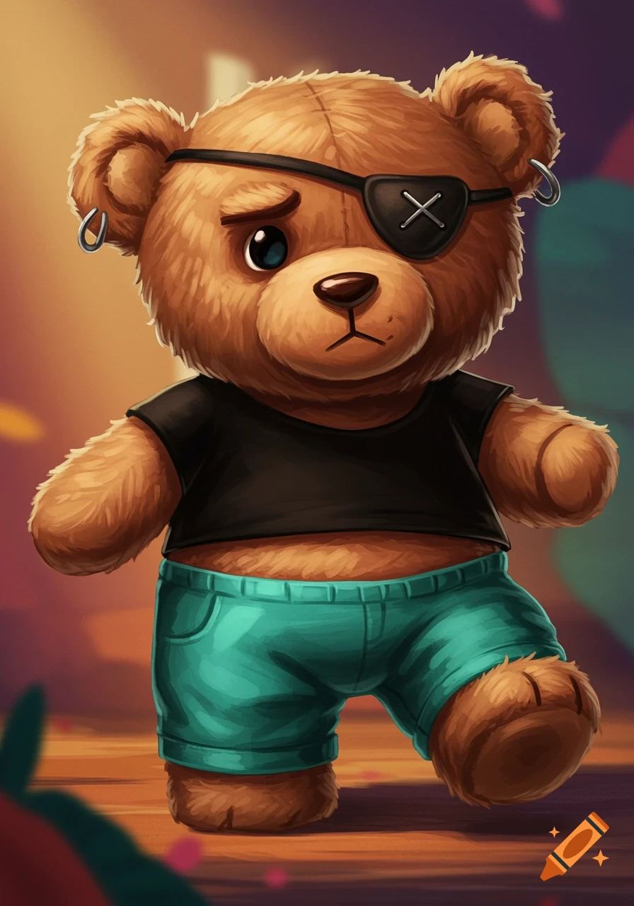 Cartoon teddy bear with eyepatch, black top, teal pants, and earrings