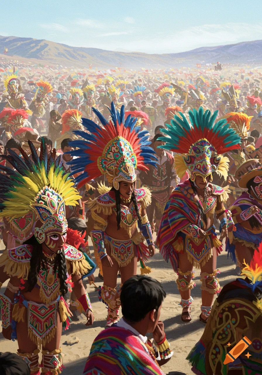 Crowd of people in vibrant, feathered Indigenous costumes and headdresses at an outdoor festival with distant mountains.