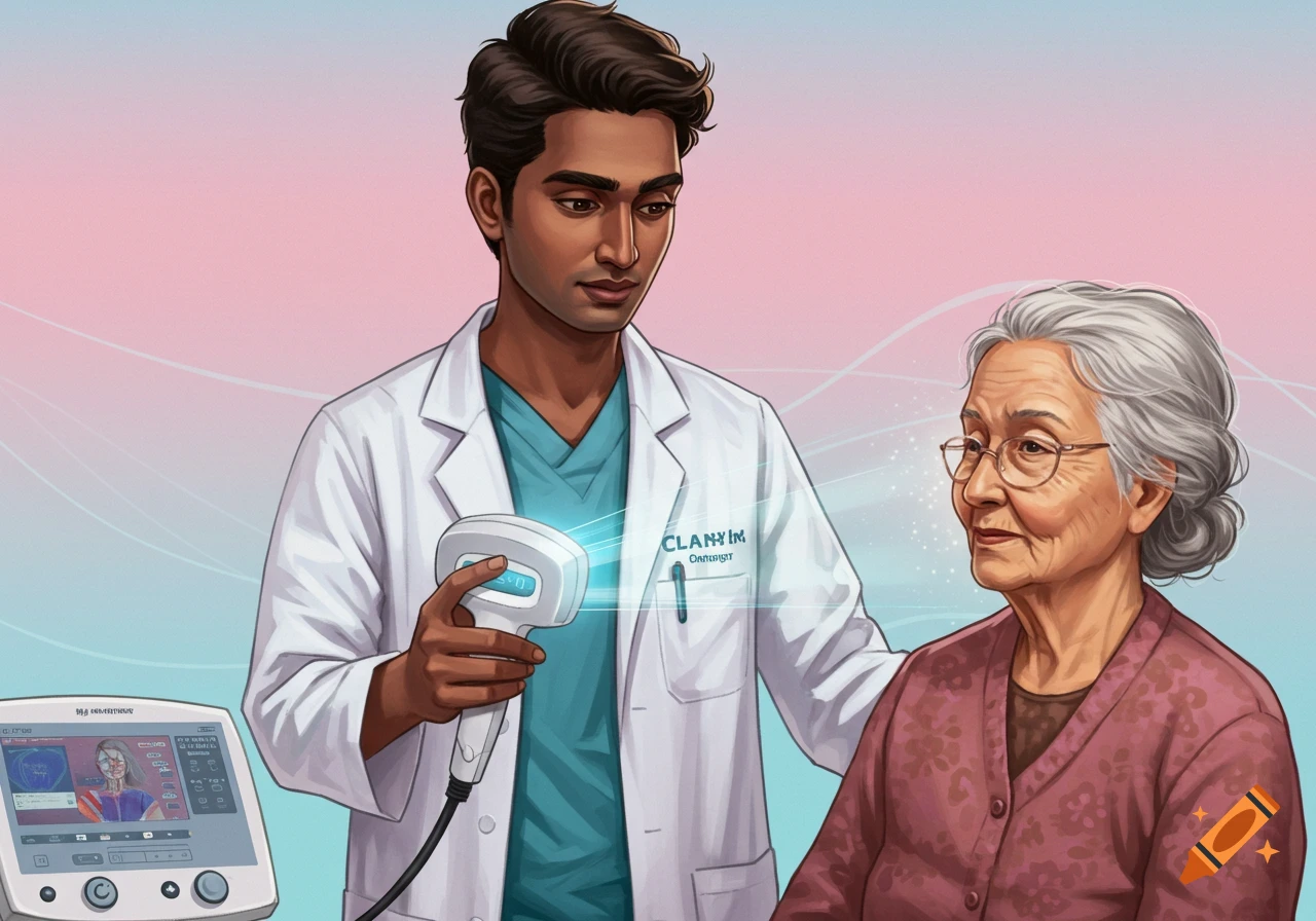 A doctor uses a medical device on an elderly patient's face in an illustration.
