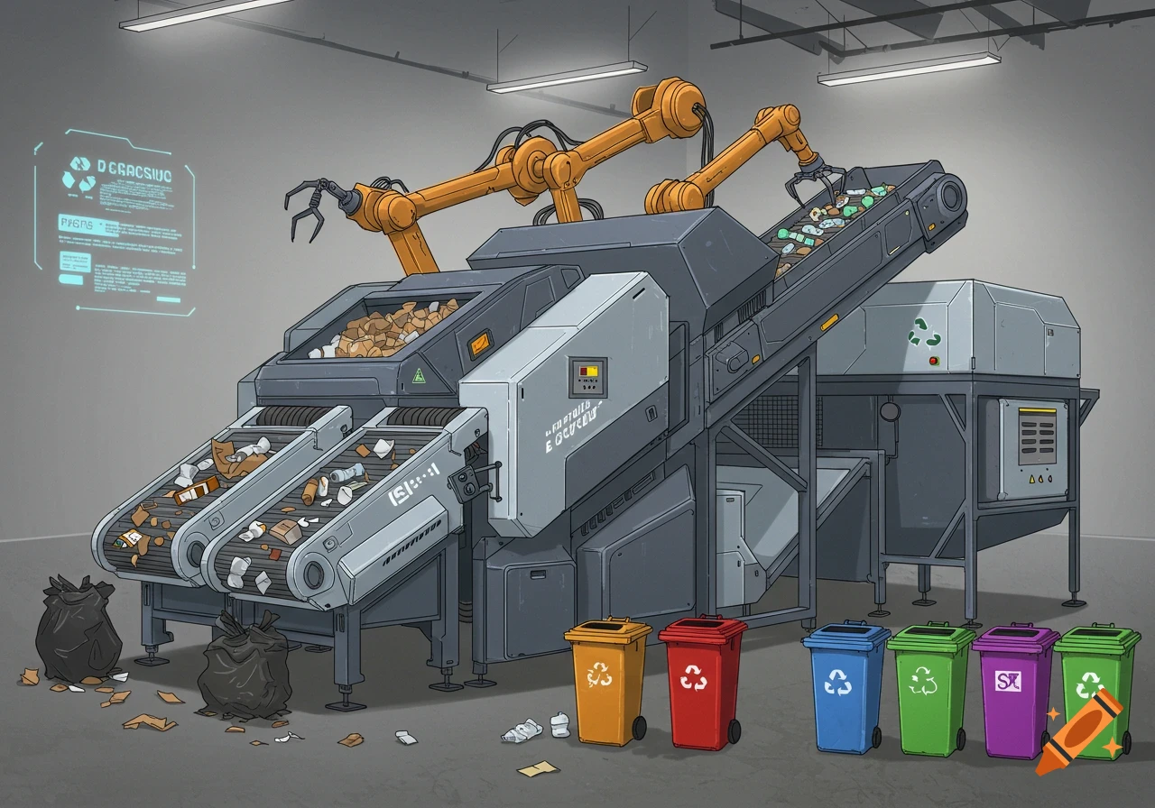 A modern trash sorting machine with conveyor belts and robotic arms sorts waste into colorful recycling bins in a factory.