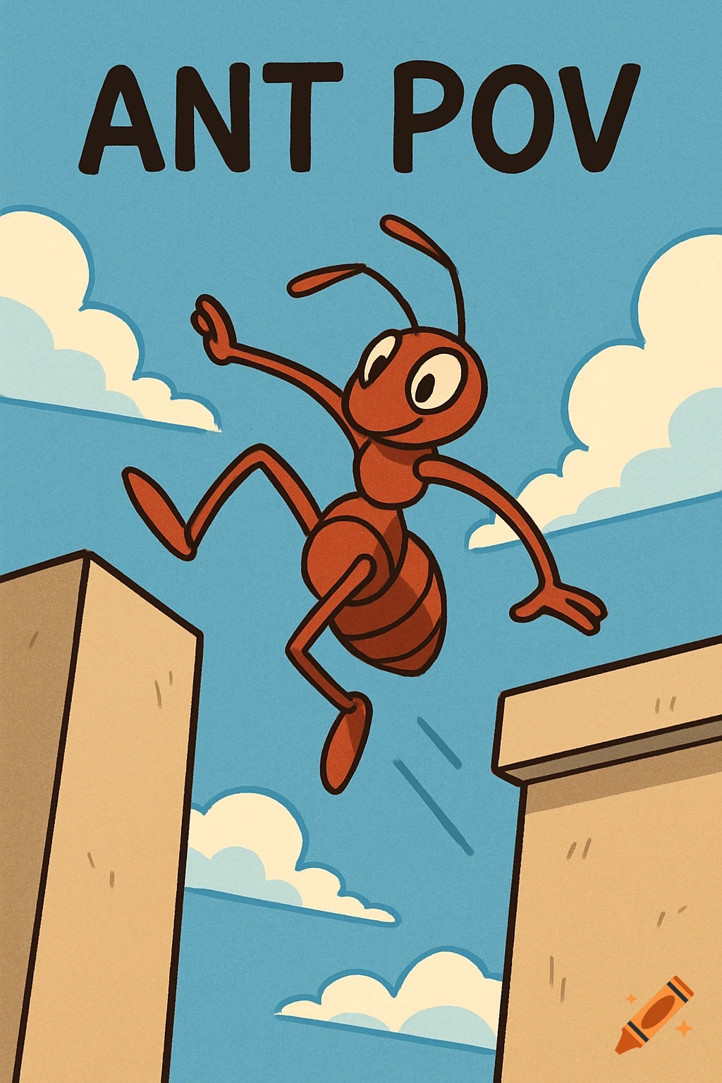 Cartoon ant jumps between buildings with 'ANT POV' text
