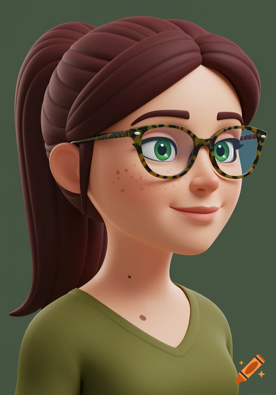 3D cartoon portrait of a woman with brown hair in a ponytail, glasses, freckles, and a green shirt.
