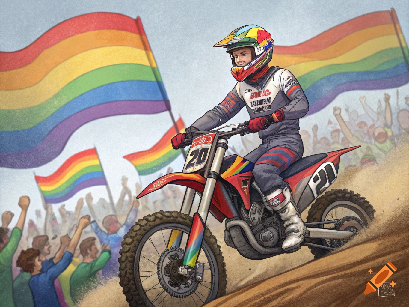 A motocross rider in a grey suit rides a red dirt bike past a cheering crowd waving rainbow flags in a stylized digital painting.