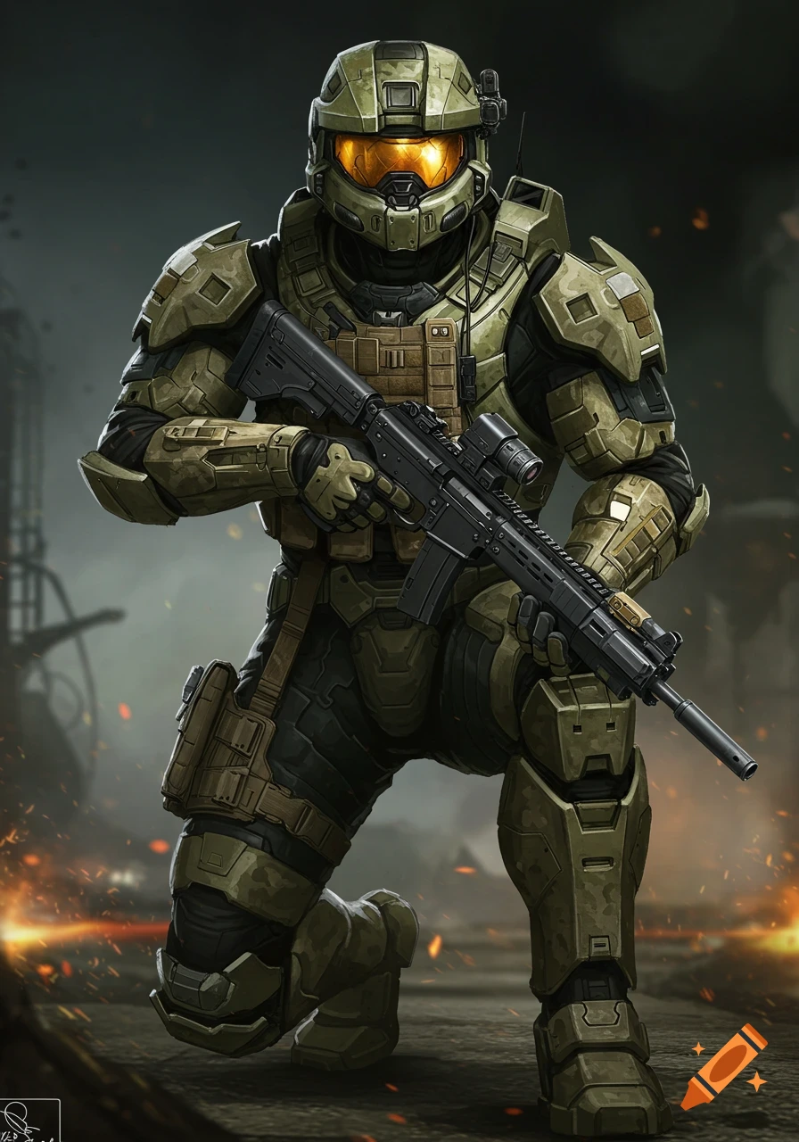 A soldier in green and gold sci-fi armor kneels while holding a rifle.