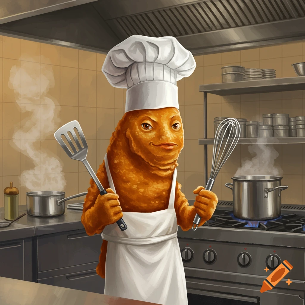 A fish stick character wearing a chef hat and apron in a kitchen, holding a spatula and whisk.