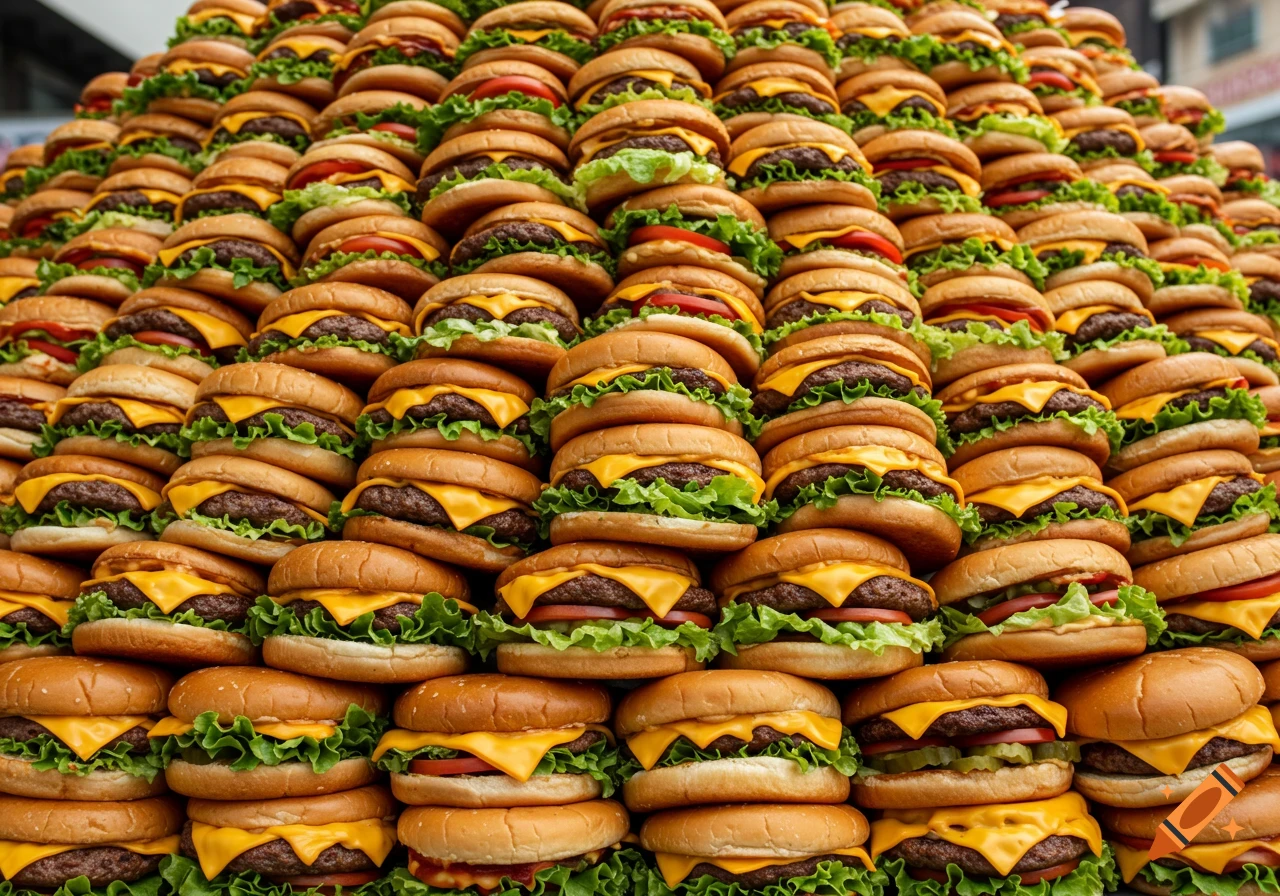 A huge stack or mountain of cheeseburgers.