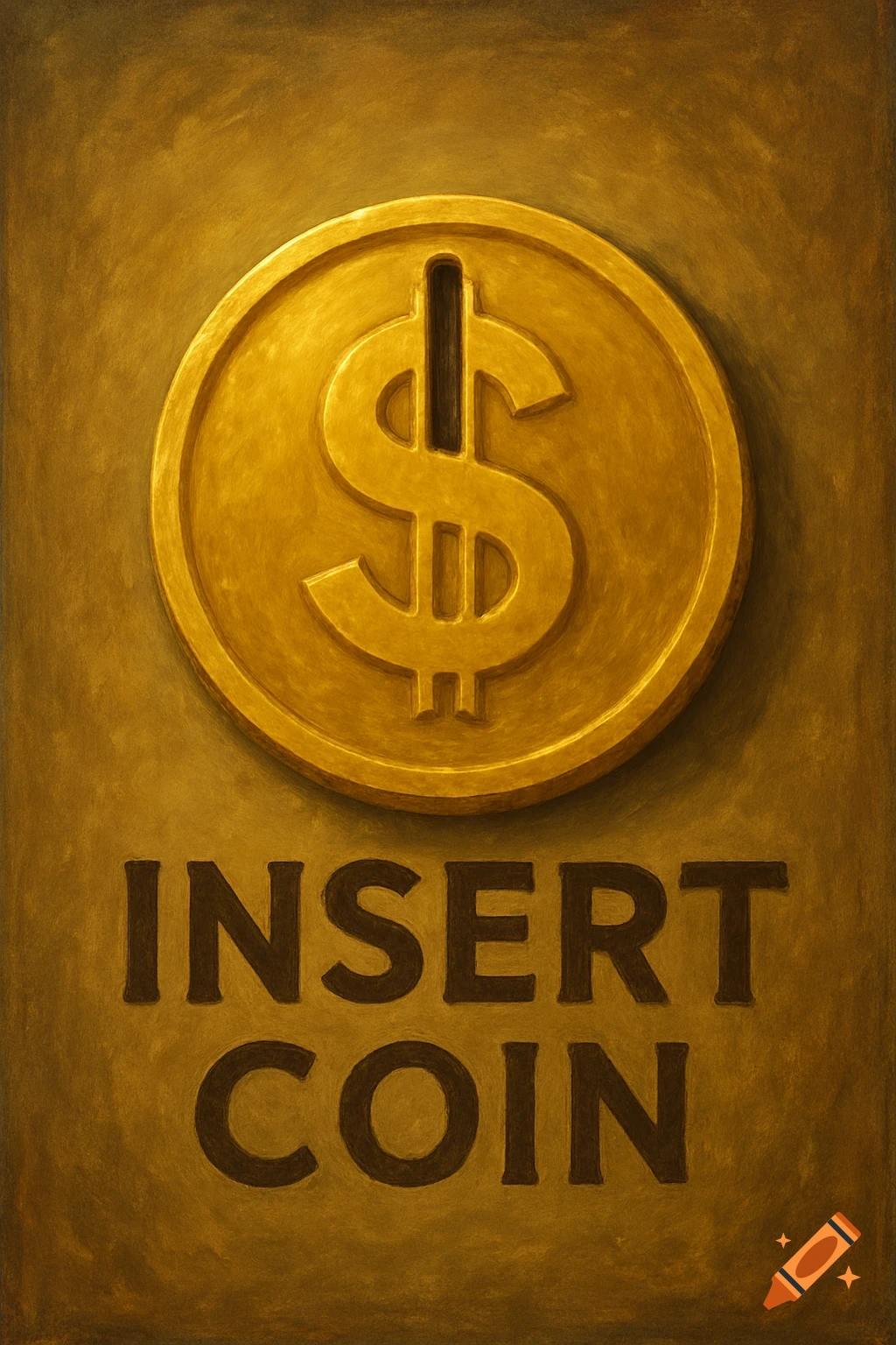 Stylized painting of a gold coin with a dollar sign and slot above the text "INSERT COIN"