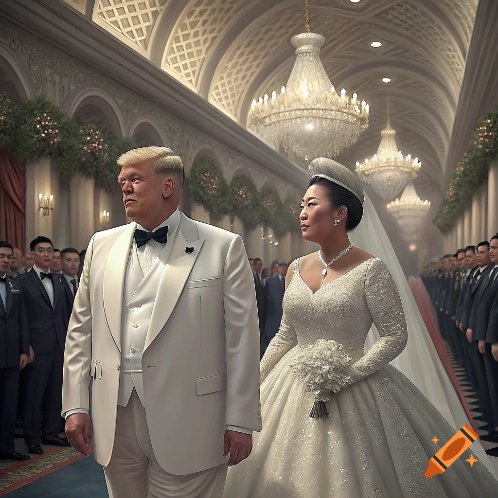 Photorealistic image of a wedding ceremony in a grand hall with a groom resembling Donald Trump and a bride resembling Kim Jong Un.