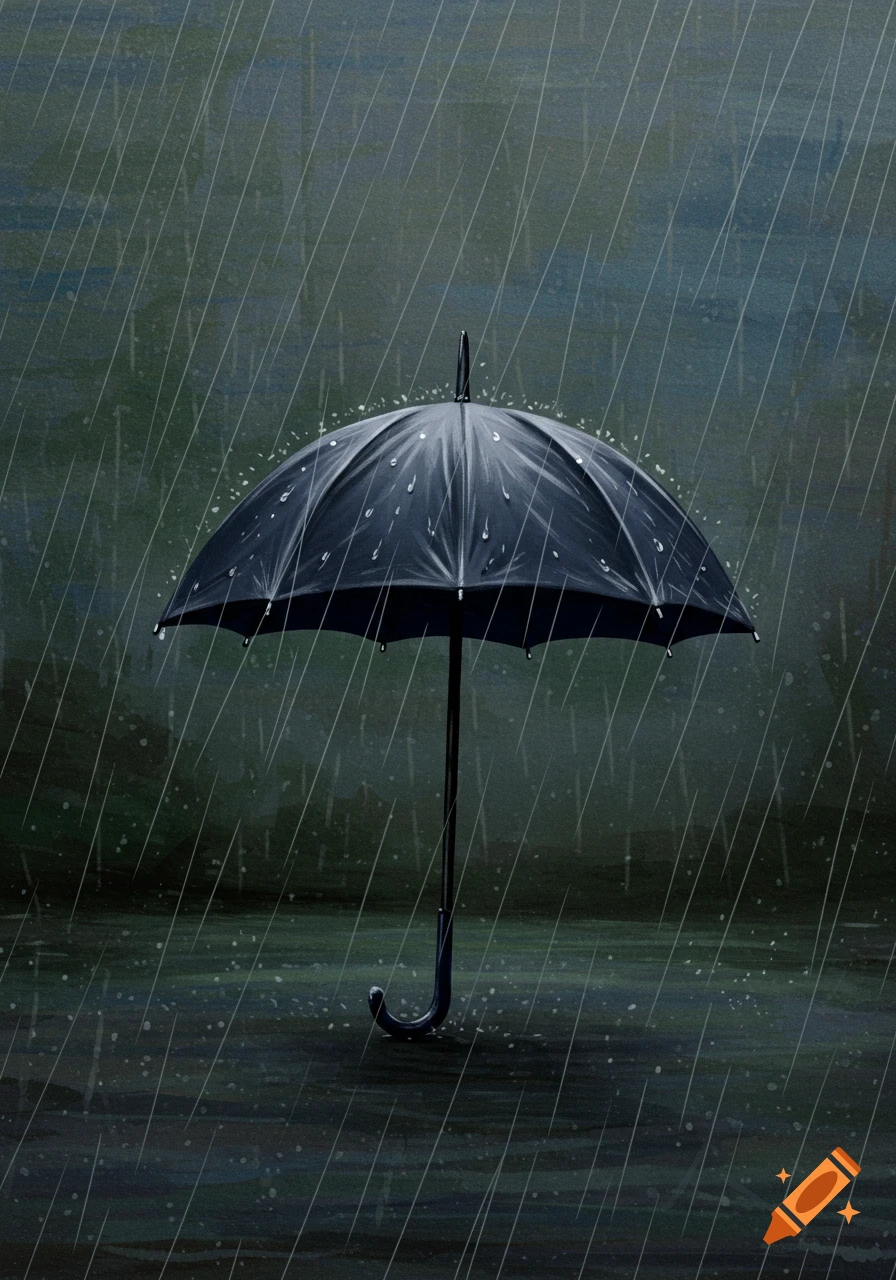 A black umbrella stands in the rain in a dark illustration.