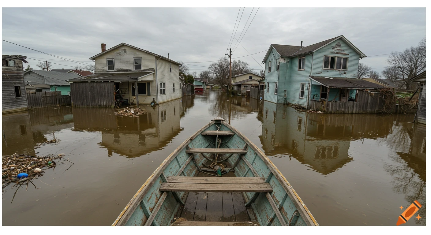First-person view from a small boat floating down a flooded residential street with houses on either side.
