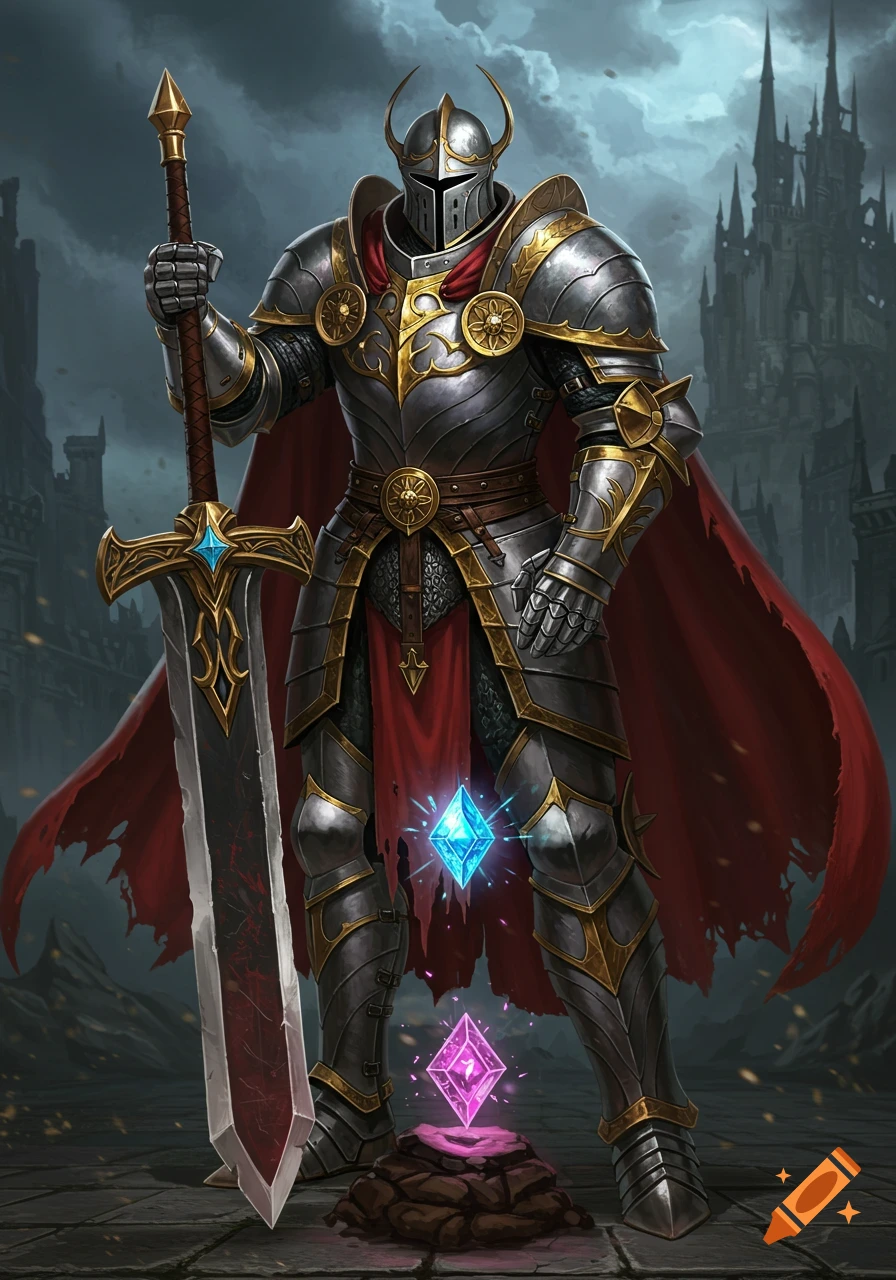 A heavily armored fantasy knight stands with a large sword and glowing crystals before a dark castle.