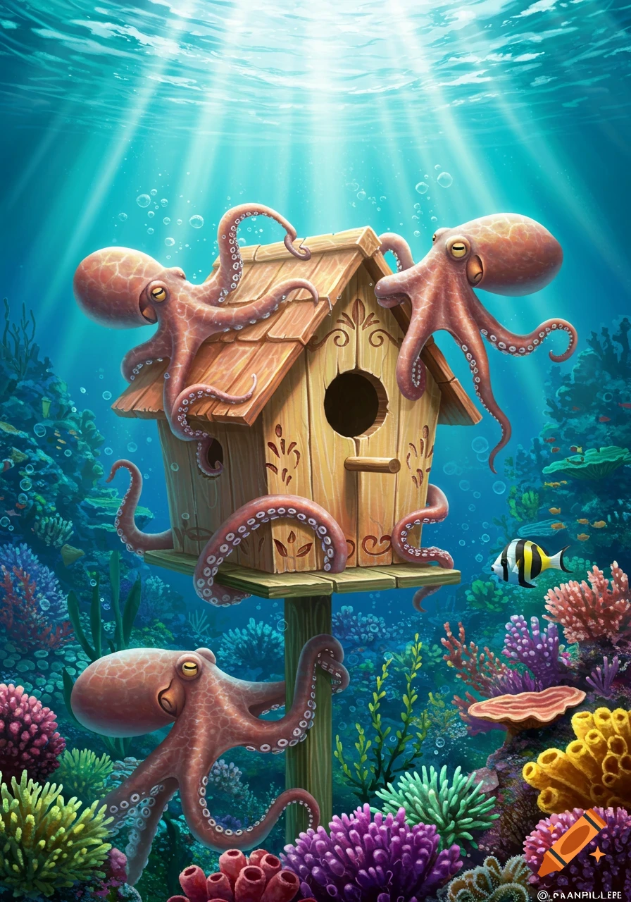 Three octopuses on a birdhouse underwater among coral reefs in an illustration.