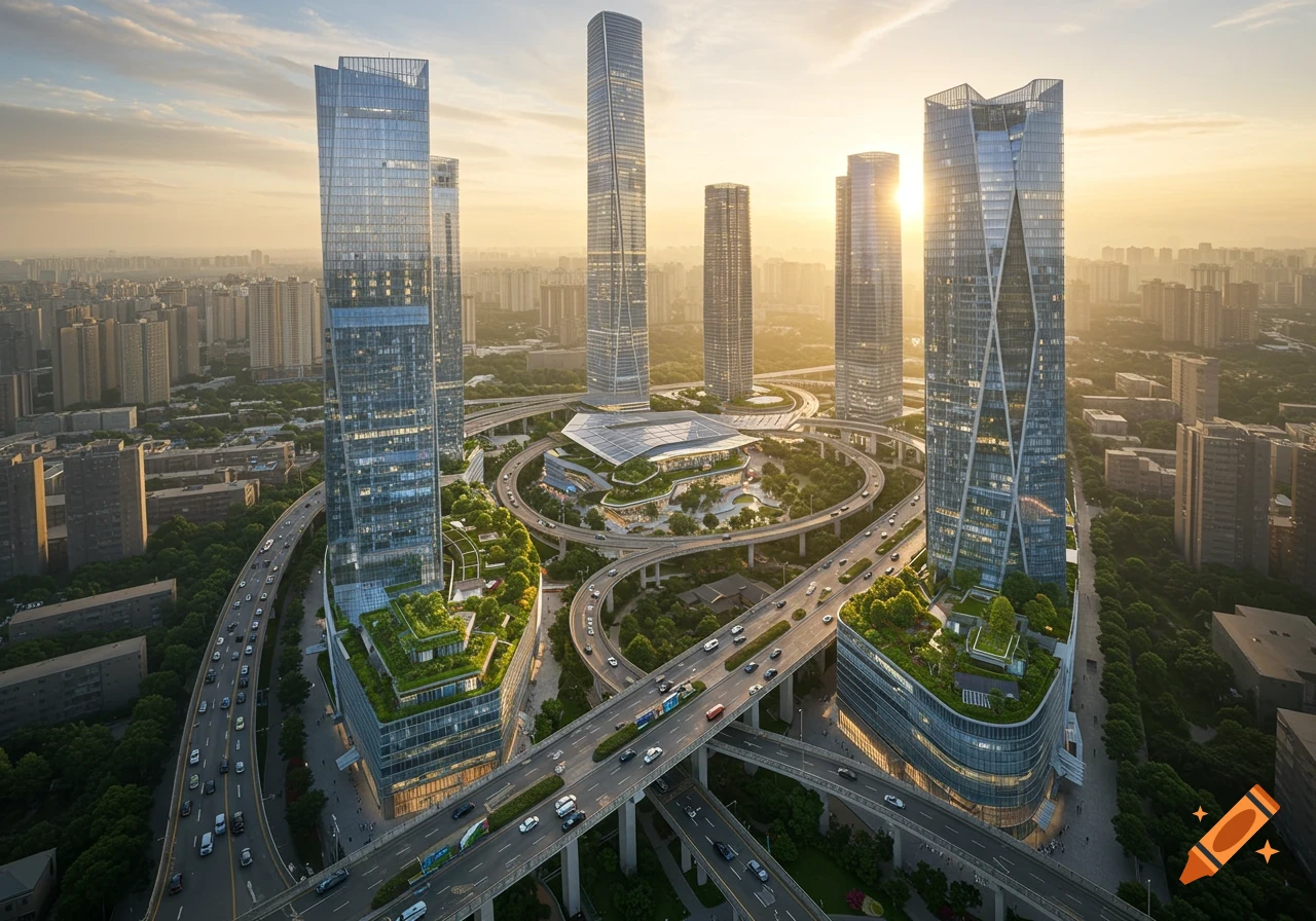 Aerial view of a modern city with skyscrapers and elevated highways at ...